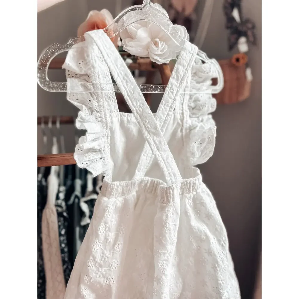 New Darling Eyelet Flutter Strap Crisscrossing Back Pinafore Romper Dress